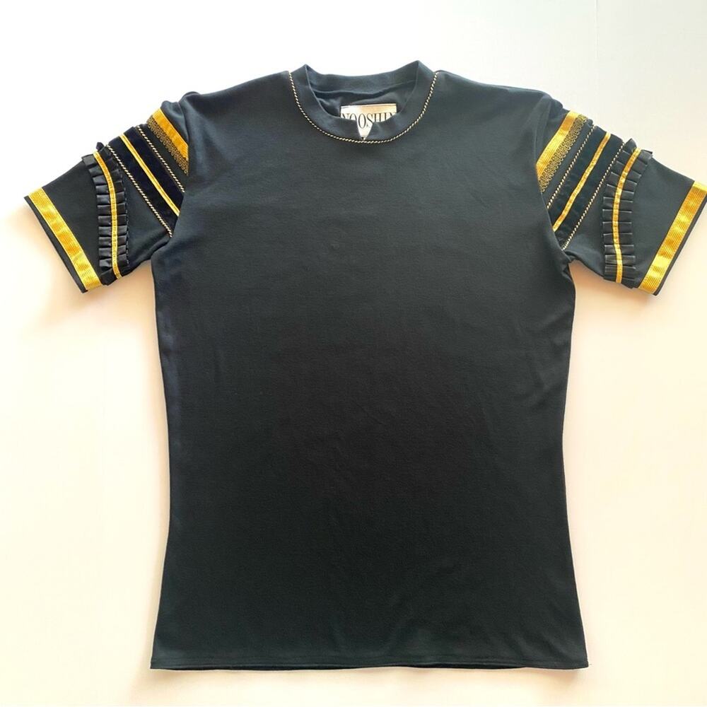 Vintage Black and Gold Embellished T-shirt Tee Sparkles Ruffles Ribbon Velvet M